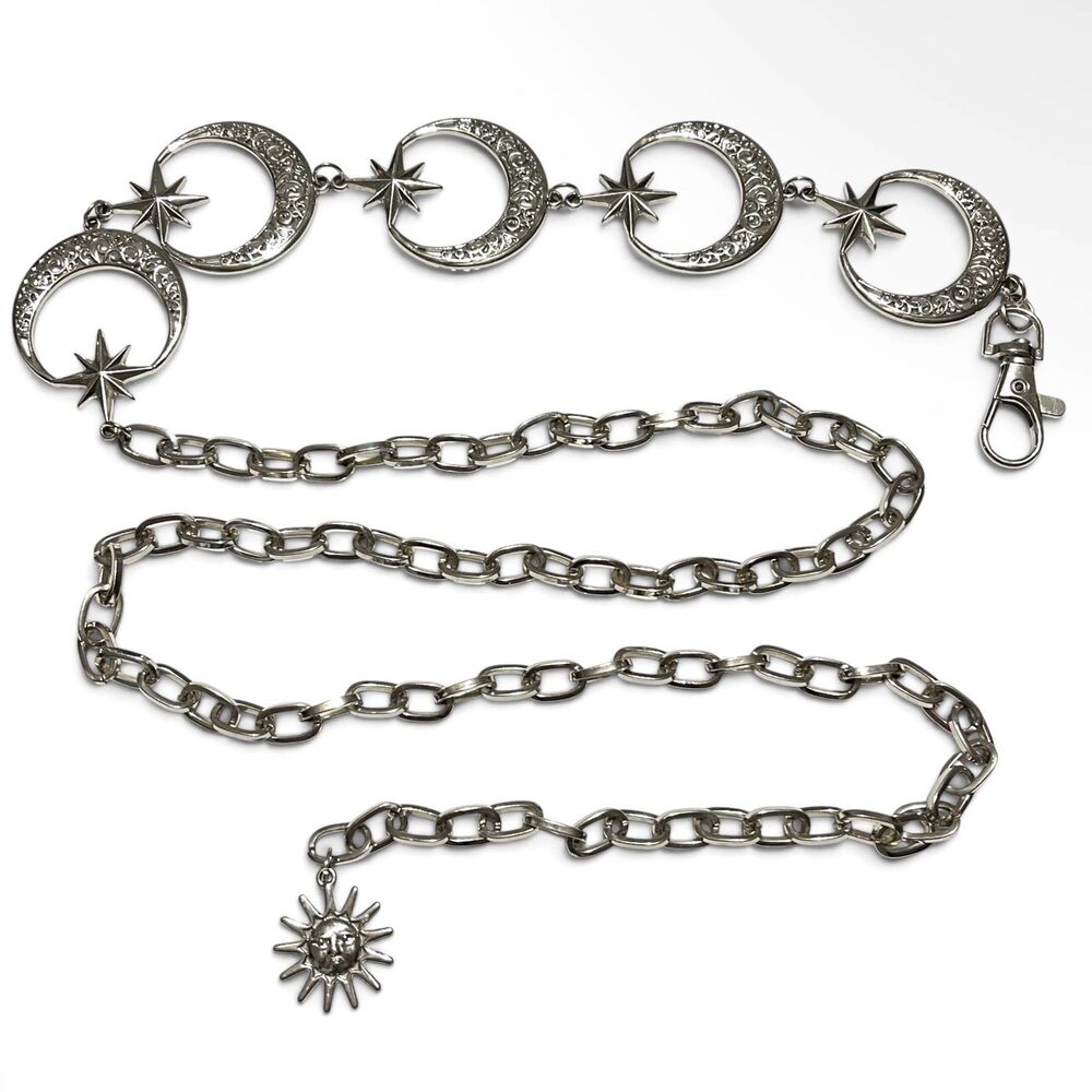 Chain Belt Womens Silver Tone Linked Moon Star Sun Charm Hip Waist 44" Celestial